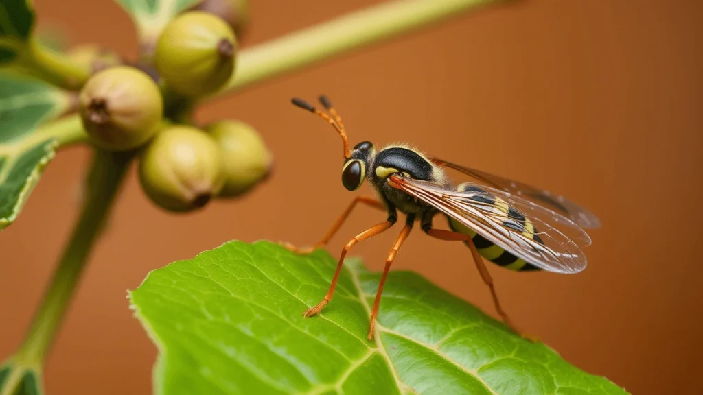 A close-up of a fig wasp on a leaf.