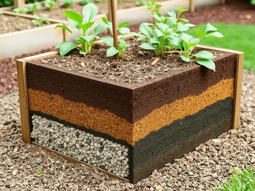 Layers of soil, compost, and mulch in a raised garden bed for optimal plant health.