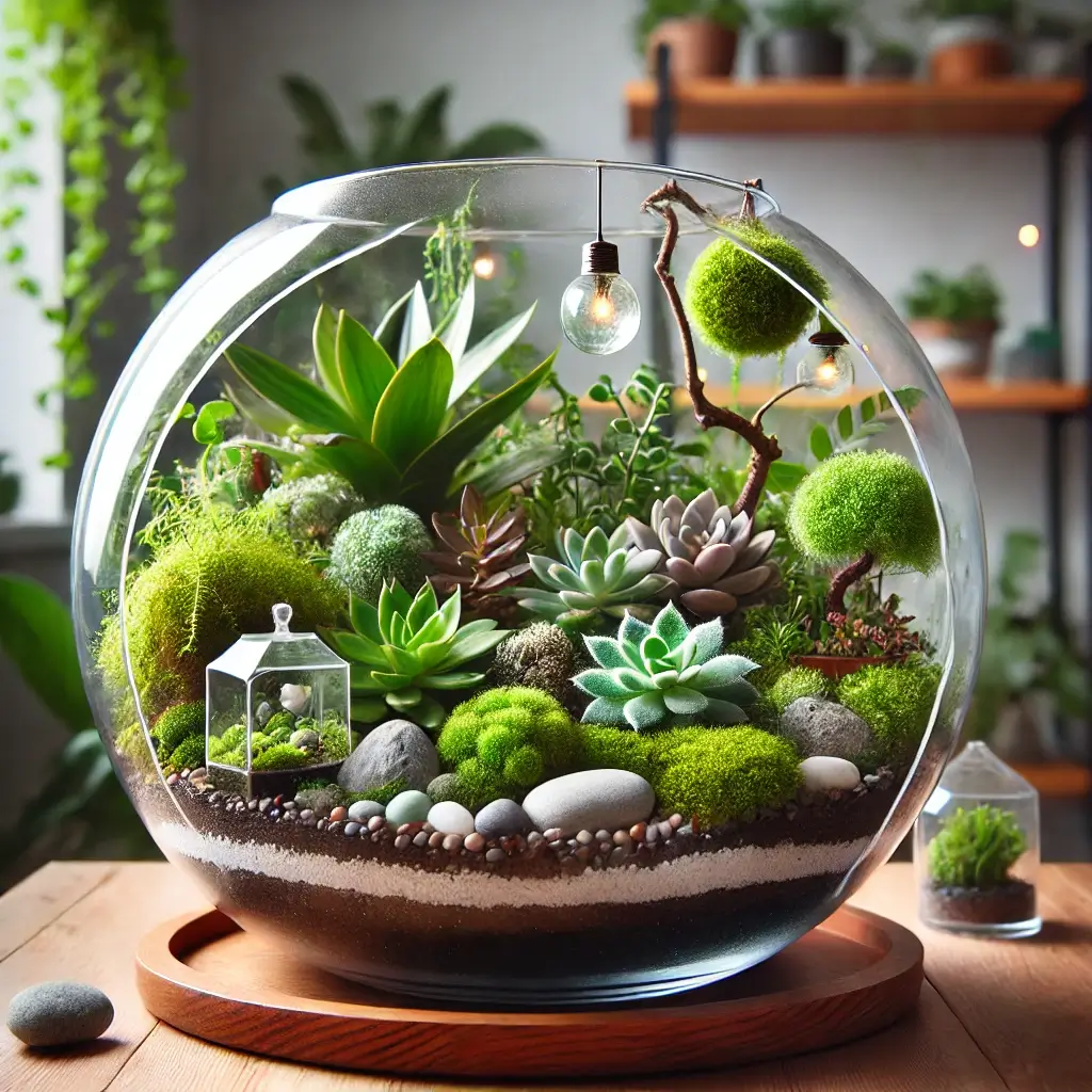 Terrarium plants ideas featuring a variety of moss, ferns, and colorful Fittonia arranged in a glass container with decorative pebbles and sand.