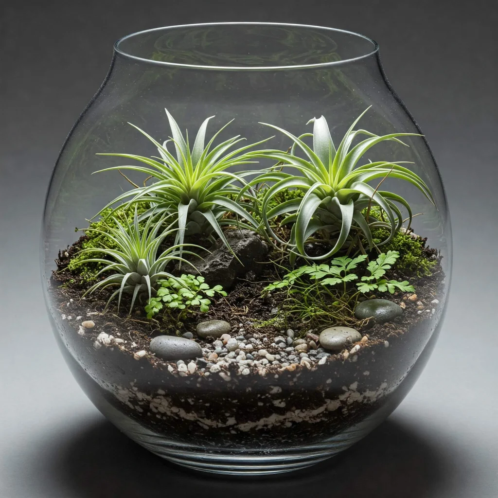 A minimalist terrarium with air plants, moss, and stones inside a clear glass container.