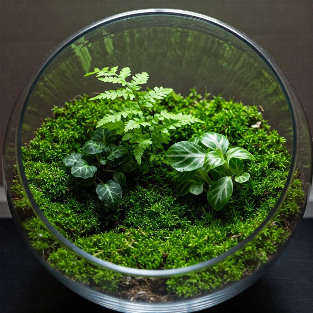 Top view of a terrarium filled with moss, small ferns, and leafy plants in a glass bowl.