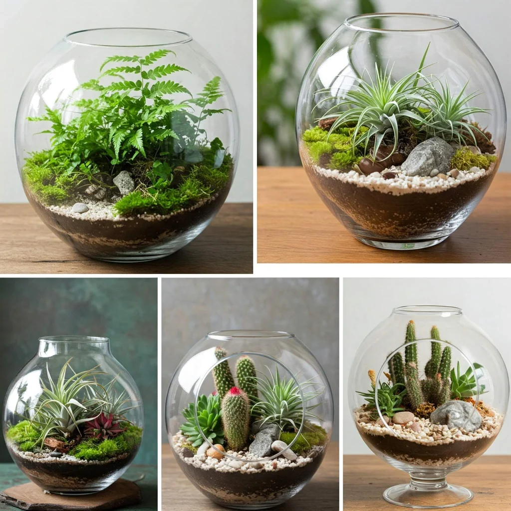 A lush closed terrarium featuring ferns, moss, and decorative stones in a glass bowl.