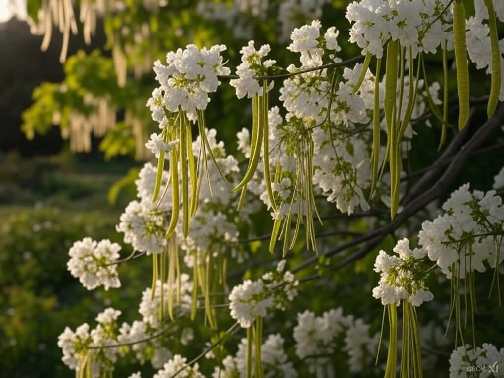 A blooming catalpa tree with large heart-shaped leaves, white trumpet-shaped flowers, and long seed pods in a sunny yard.