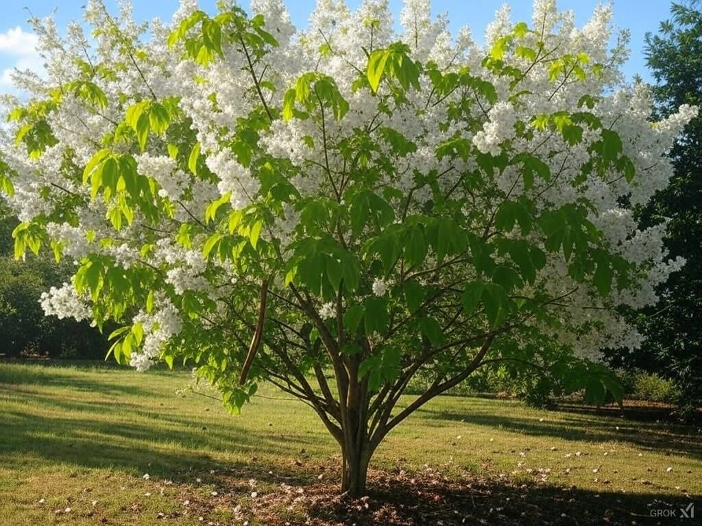 A large catalpa tree with a wide canopy, blooming with white trumpet-shaped flowers in late spring.