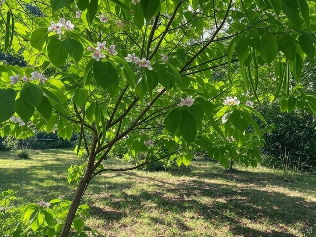 Bees and butterflies feeding on the nectar of catalpa tree flowers during late spring.