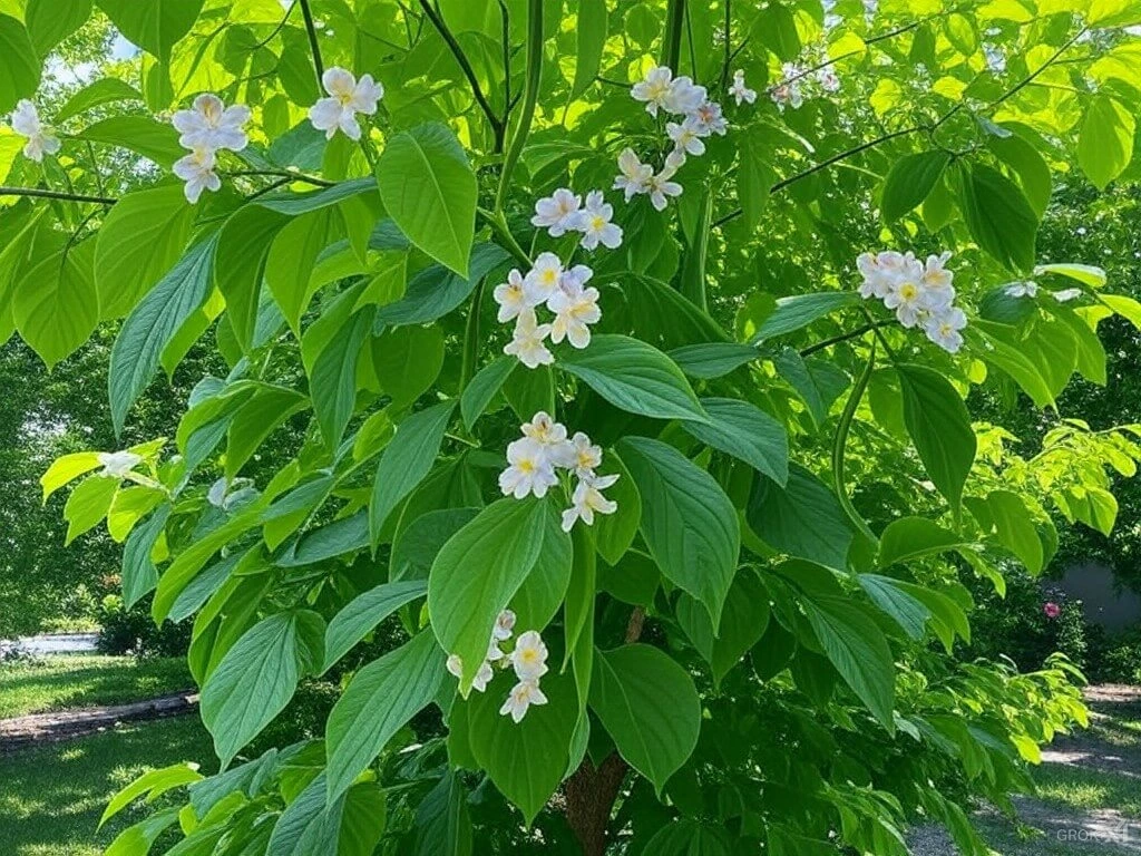 A young catalpa tree planted in a sunny backyard, surrounded by freshly mulched soil.