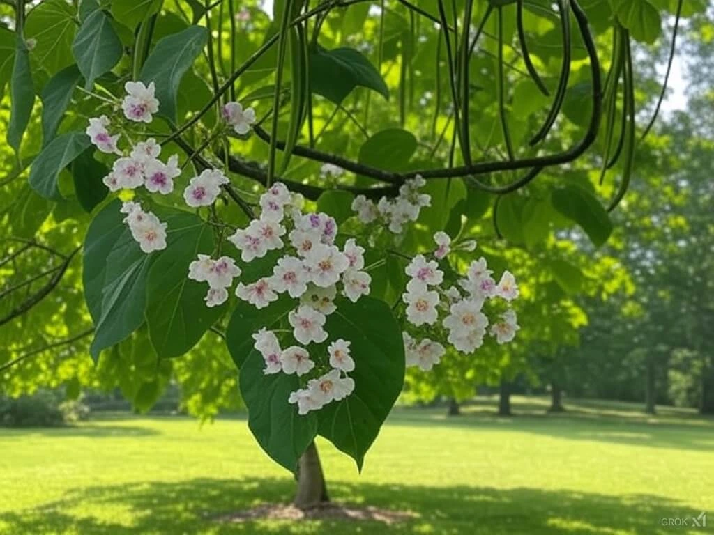 Long, slender seed pods hanging from the branches of a catalpa tree in late summer