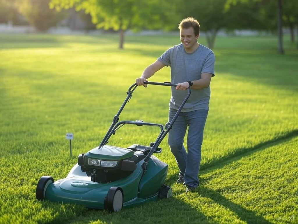 Person mowing a lush green backyard lawn with a rented modern lawn mower on a bright sunny day.