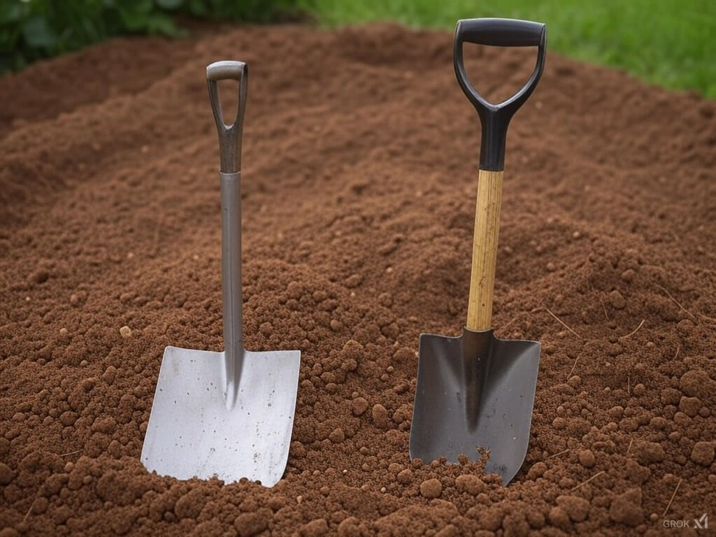 Comparison of a spade and a shovel placed side by side on garden soil, highlighting their differences in blade shape and handle design.