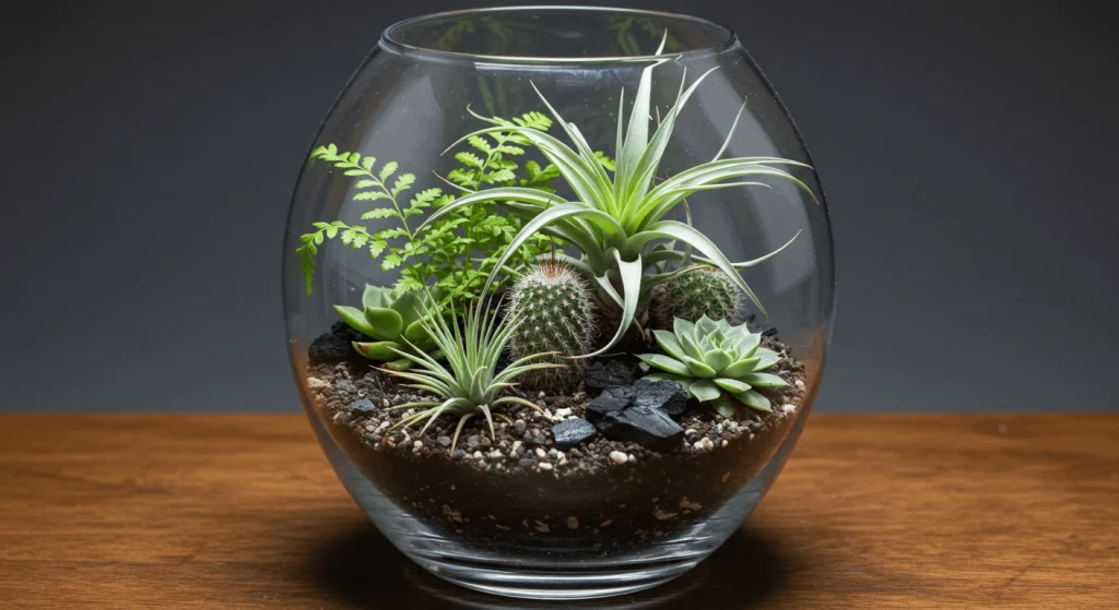 Creative terrarium plants ideas featuring a glass jar terrarium with moss, ferns, and decorative pebbles, set on a wooden table.