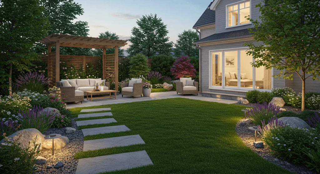 Backyard garden with a pergola, seating area, and illuminated stepping stones.