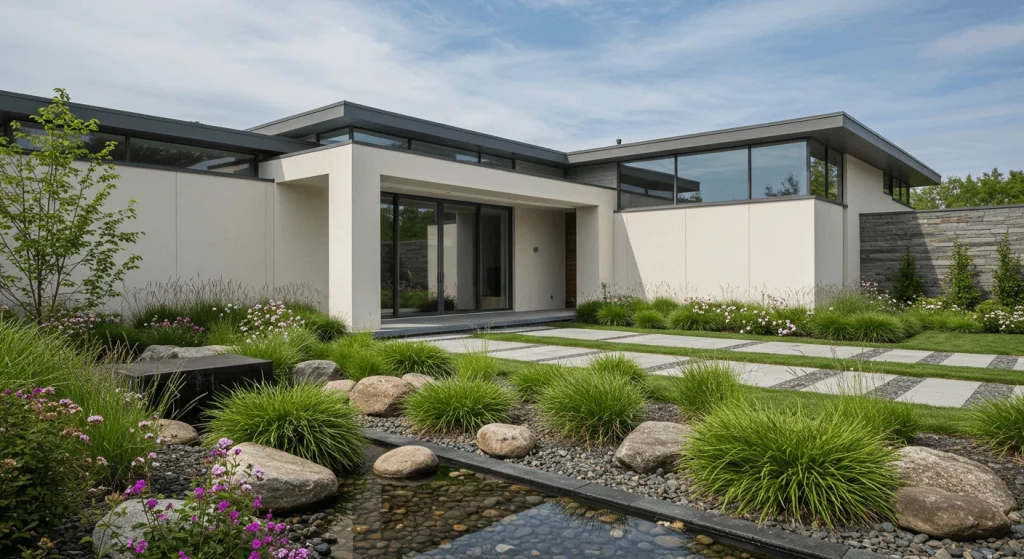 Modern house entrance with illuminated water fountain and minimalist landscaping.