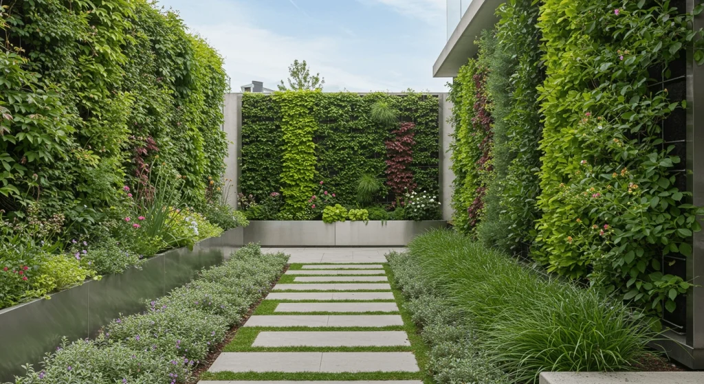 A landscaped backyard with a mix of colorful flower beds, neatly trimmed hedges, a paved patio, and a water fountain centerpiece.