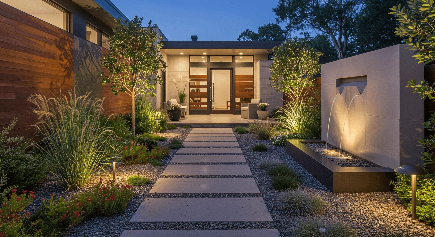 Minimalist front yard with stepping stones, grasses, and a reflecting pond.