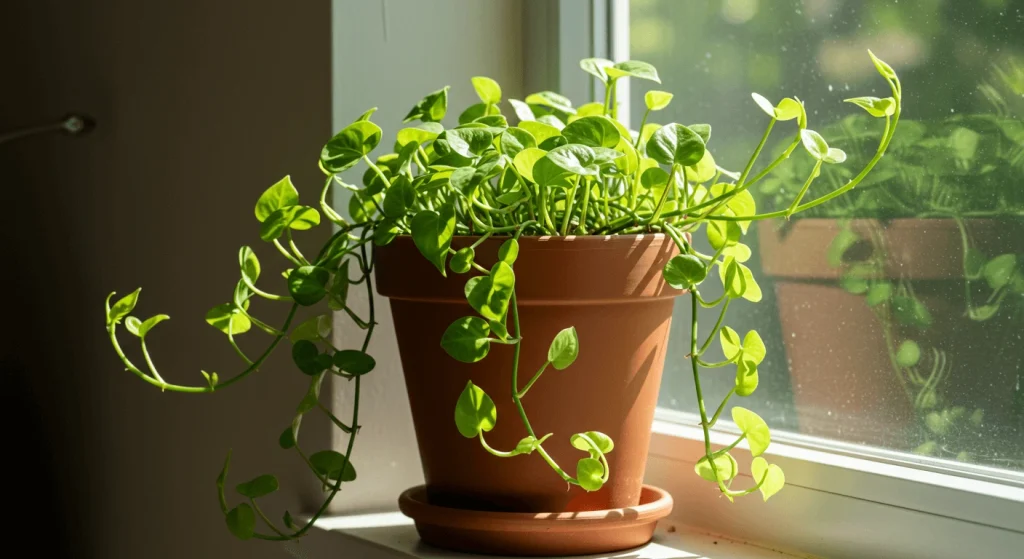 A money plant in a cozy indoor setting surrounded by natural light.