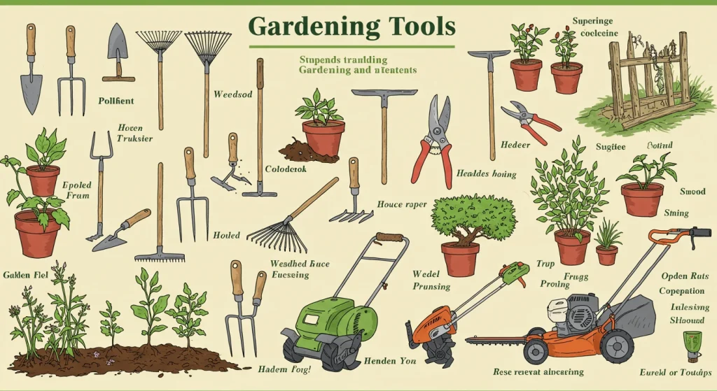 Complete gardening kit for beginners, including a trowel, rake, and gloves