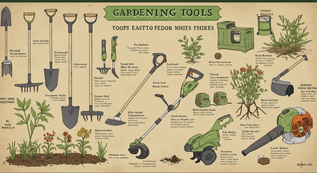 Gardening tools like pruning shears, gloves, and a shovel on a wooden surface