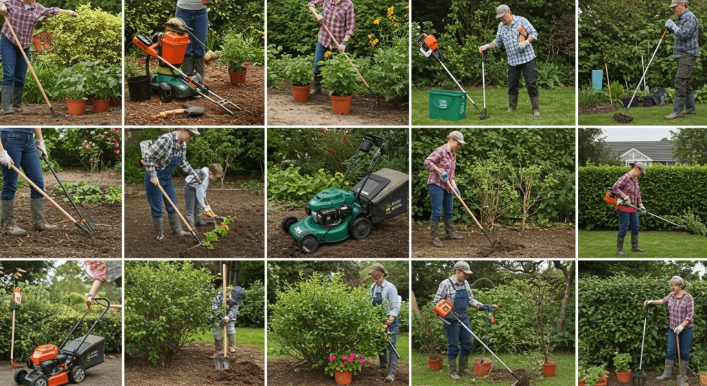 Gardening tools like a shovel, rake, and hoe on green grass