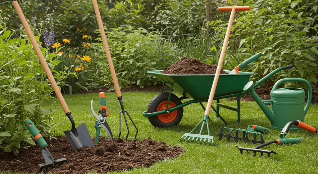 Collection of essential gardening tools including a rake, hoe, and trowel