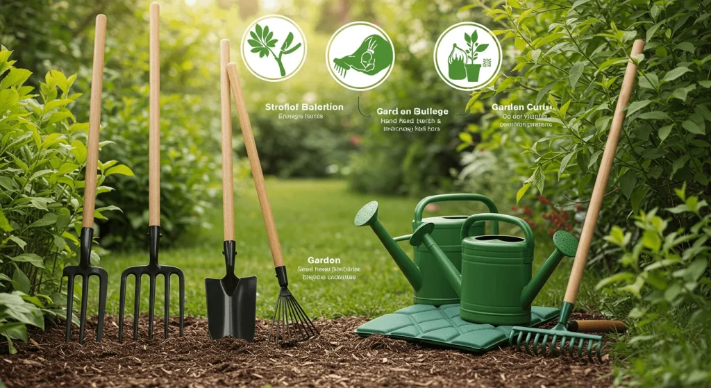  Various gardening tools neatly arranged on a workbench