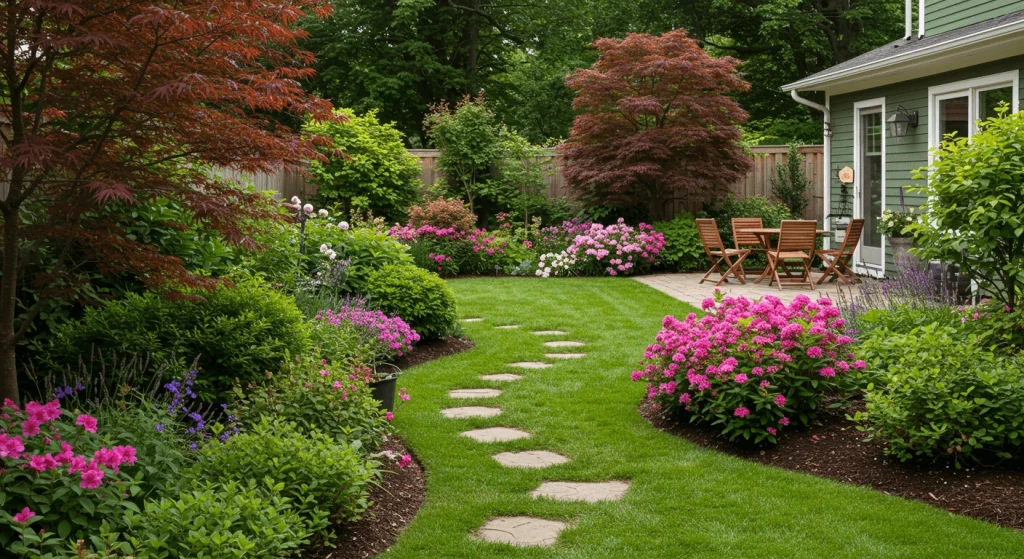 A vibrant GreenGarden with lush plants, colorful flowers, and eco-friendly gardening tools in a natural setting.