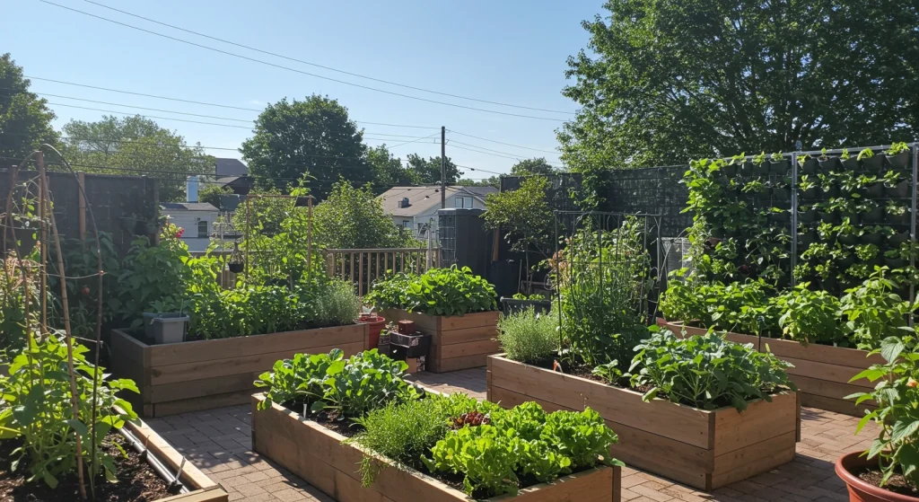 Sunny outdoor garden with raised beds, containers, and vertical gardens filled with vegetables, herbs, and flowers."