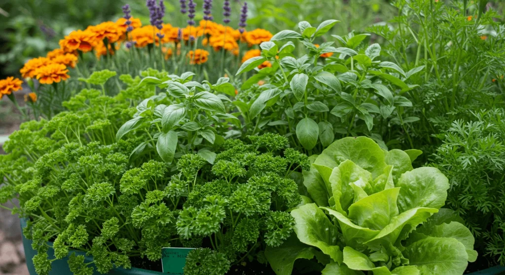 Healthy GreenGarden with easy-to-grow plants like basil, mint, parsley, tomatoes, lettuce, and marigolds.