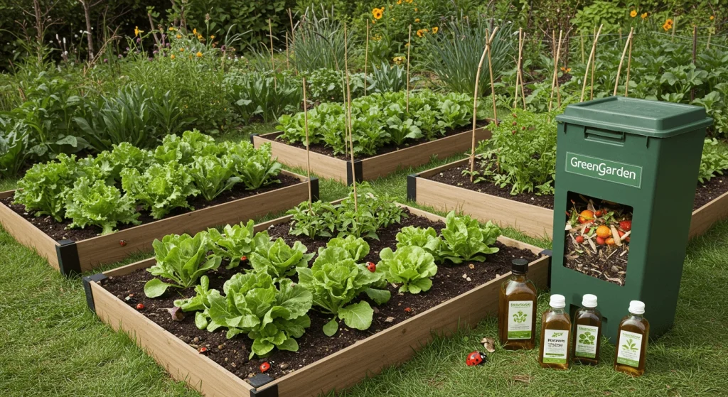 Eco-friendly garden practices, including composting, neem oil pest control, and healthy plants in raised beds.