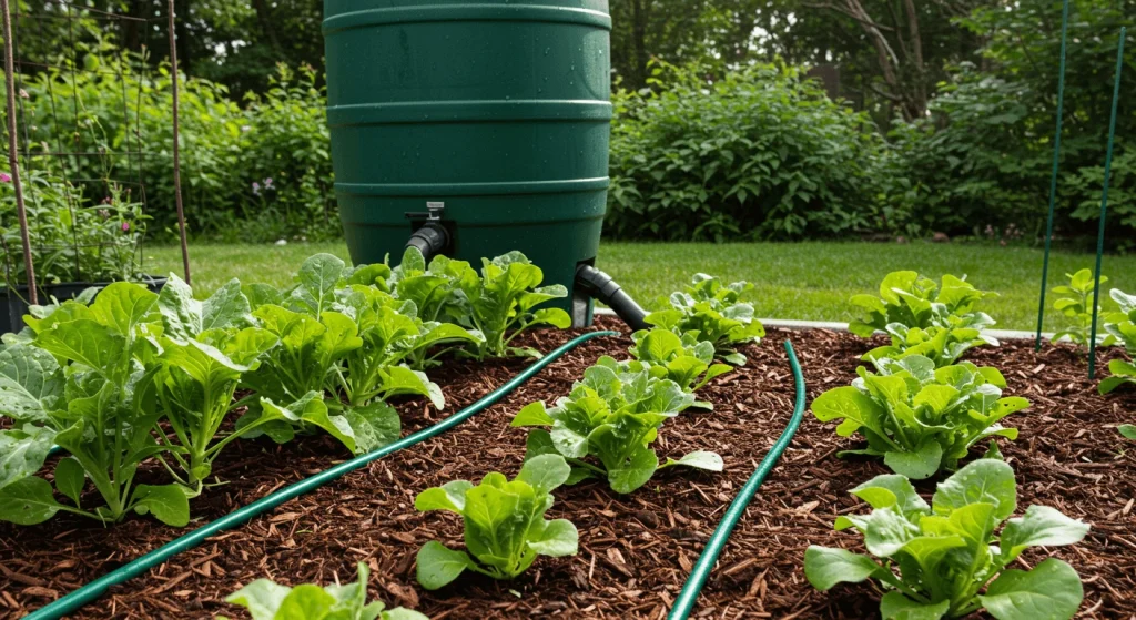 GreenGarden with rain barrel, soaker hose, and mulch around plants to conserve water