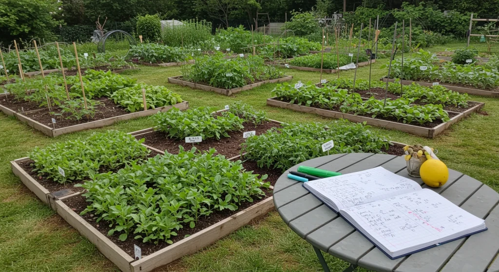 Garden with crop rotation, seasonal planting, and a garden journal to track progress and growth.