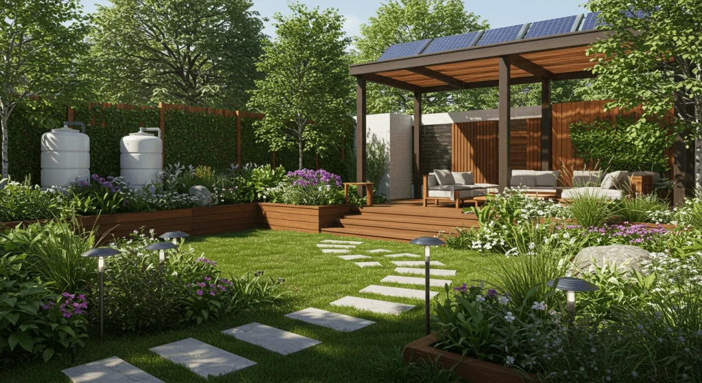 Eco-friendly garden design featuring solar-powered lights, rainwater collection, and sustainable materials in modern garden setup.