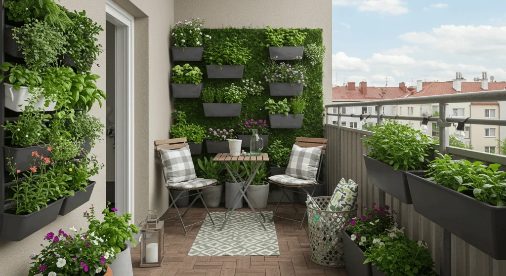 A small urban garden featuring vertical gardens, stylish container plants, multifunctional outdoor seating, and a pocket garden in a compact space.