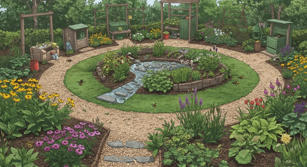 Eco-friendly garden with native plants, pollinator-friendly flowers, a rain garden, composting area, and climate-adaptive plants.