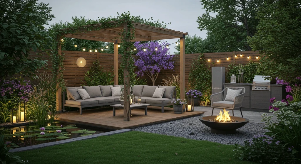 An elegant outdoor living space featuring eco-friendly furniture, a pergola, water features, and a cozy fire pit, showcasing a multifunctional garden design.

