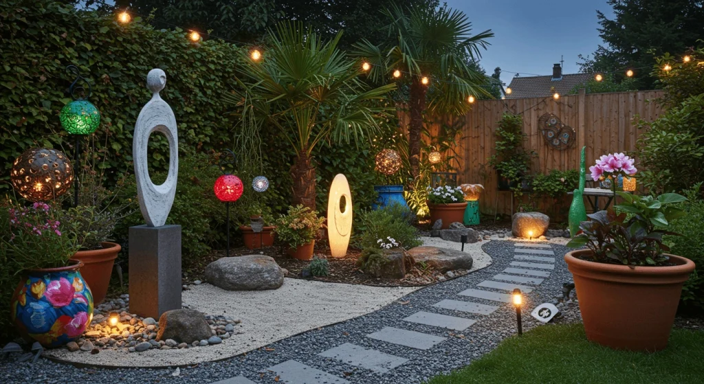 Creative garden design with modern art sculptures, ambient solar lights, and a blend of Zen, Mediterranean, and tropical garden elements, including painted pots and upcycled ornaments.