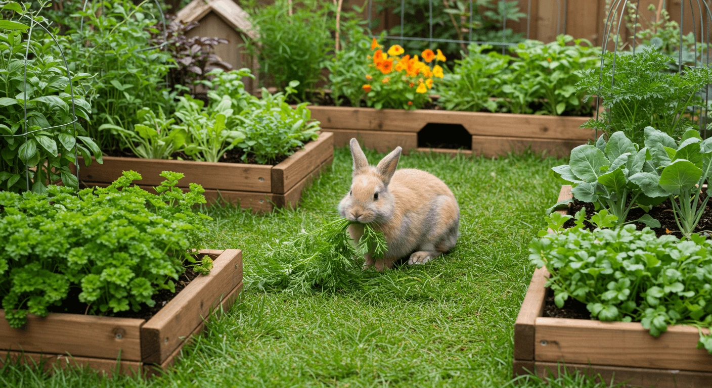 A bunny enjoying fresh plants in a lush, rabbit-friendly garden.