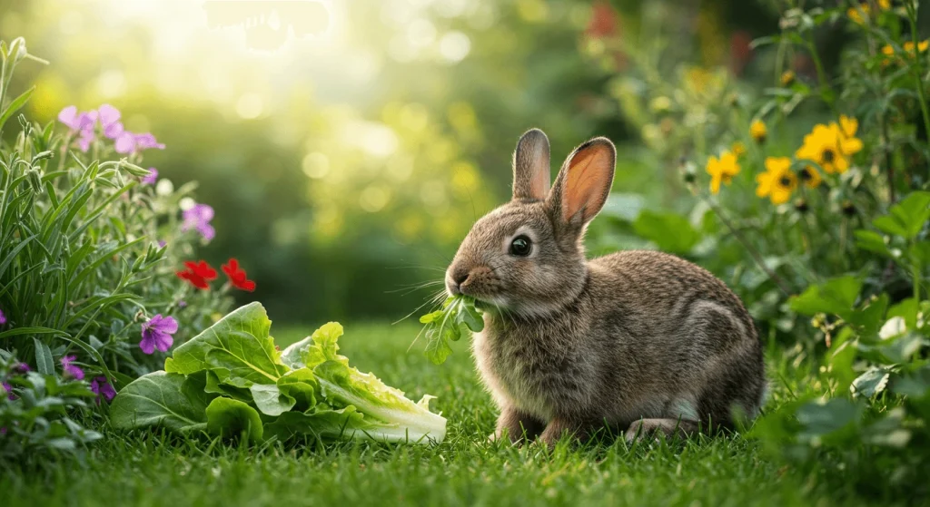 A bunny eating fresh greens in a tranquil garden surrounded by vibrant plants.
