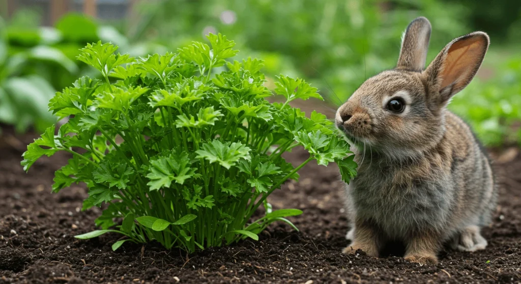 Close-up of a parsley plant with a bunny nibbling on its leaves.