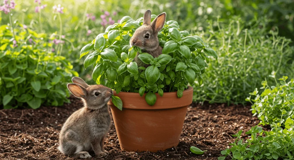 A basil plant in a garden pot with a bunny eating a basil leaf