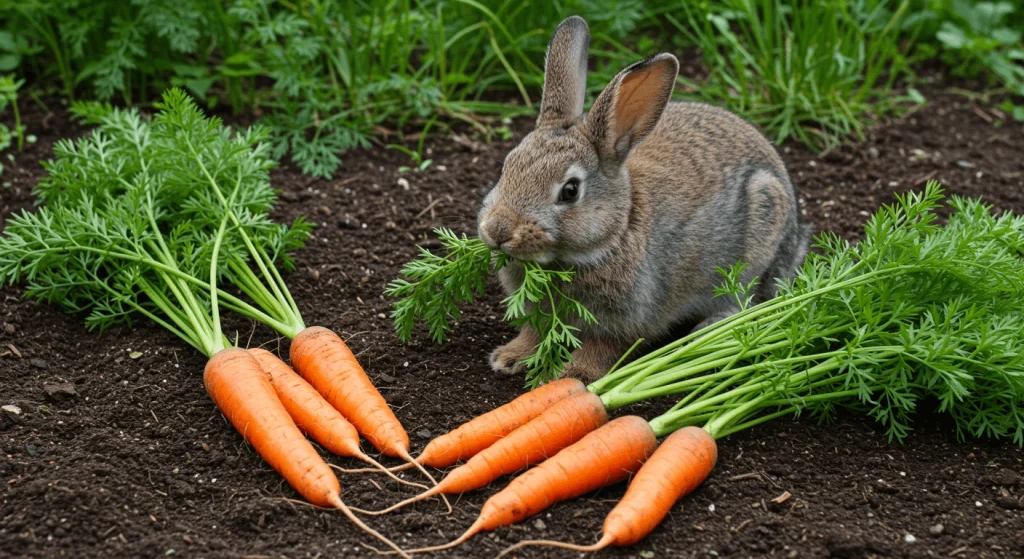 A rabbit eating fresh carrot tops next to freshly harvested carrots.