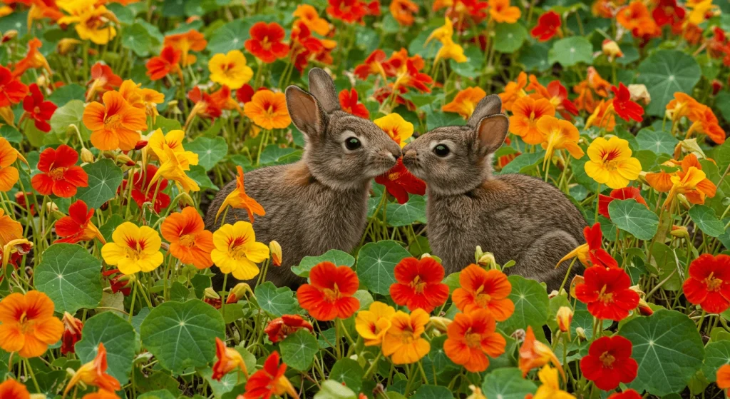 A bunny sniffing a vibrant nasturtium flower in a colorful garden.