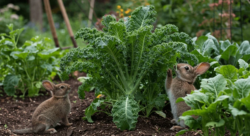 A rabbit reaching up to nibble a leaf from a kale plant in the garden.