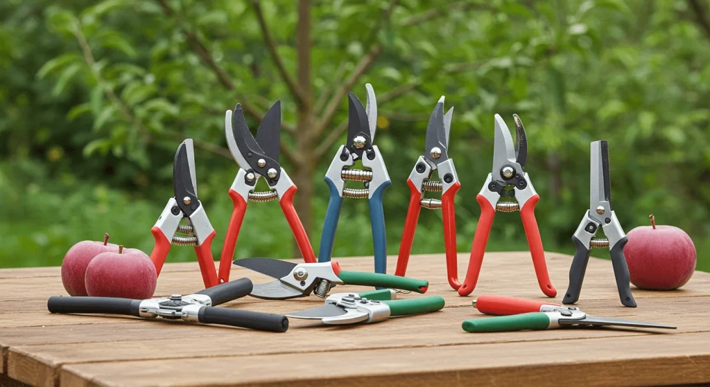 Assorted fruit tree pruners on a garden table with a tree in the background.