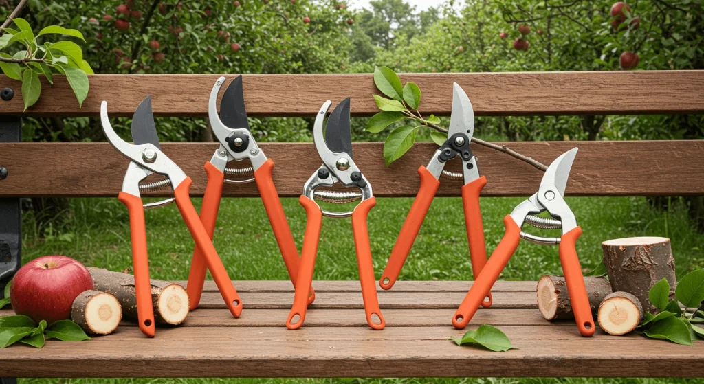 A selection of five premium fruit tree pruners arranged on a wooden bench with fruit trees in the background.