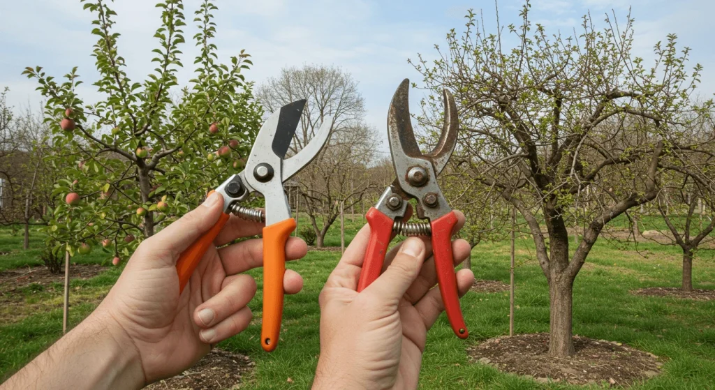 A gardener comparing a rusty pruner and a high-quality pruner near healthy and overgrown fruit trees