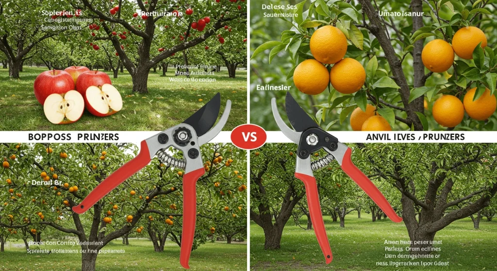 Bypass pruners and anvil pruners displayed side by side with labels showing their unique features and uses.