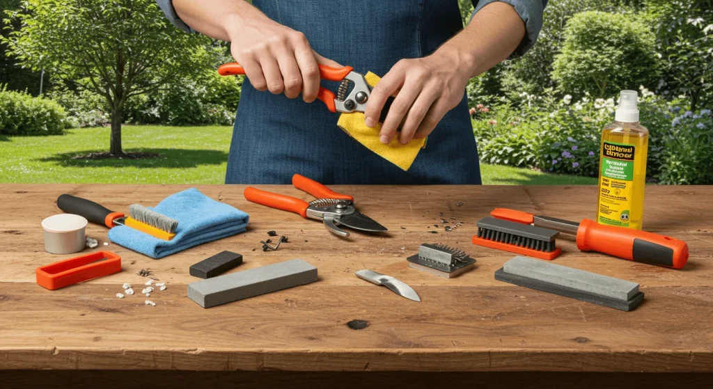 A gardener cleaning, sharpening, and oiling pruners on a workbench with tools and supplies.