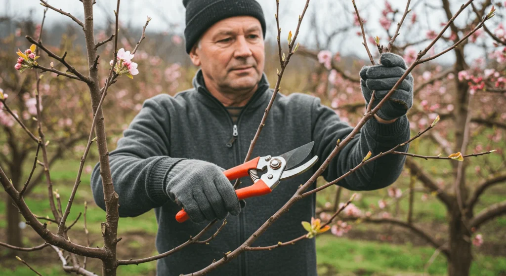 A gardener expertly pruning branches in an orchard filled with vibrant fruit trees.