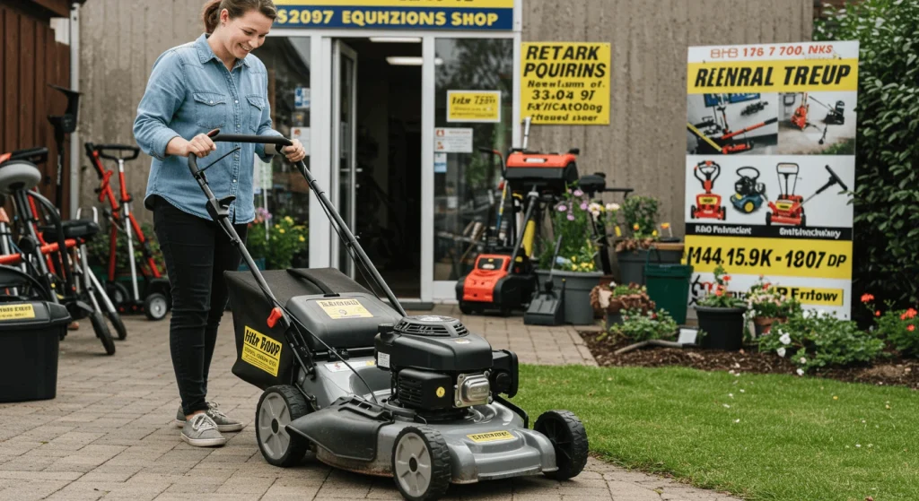 Person inspecting a lawn mower at a rental shop, showcasing the ease and cost-effectiveness of renting.