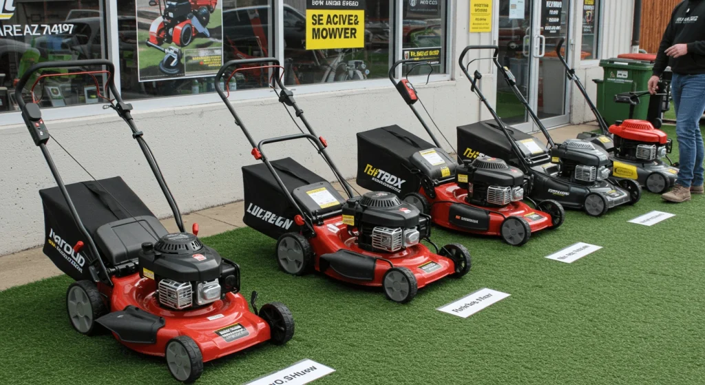 Various types of lawn mowers for rent: push mowers, riding mowers, electric mowers, and self-propelled mowers.

